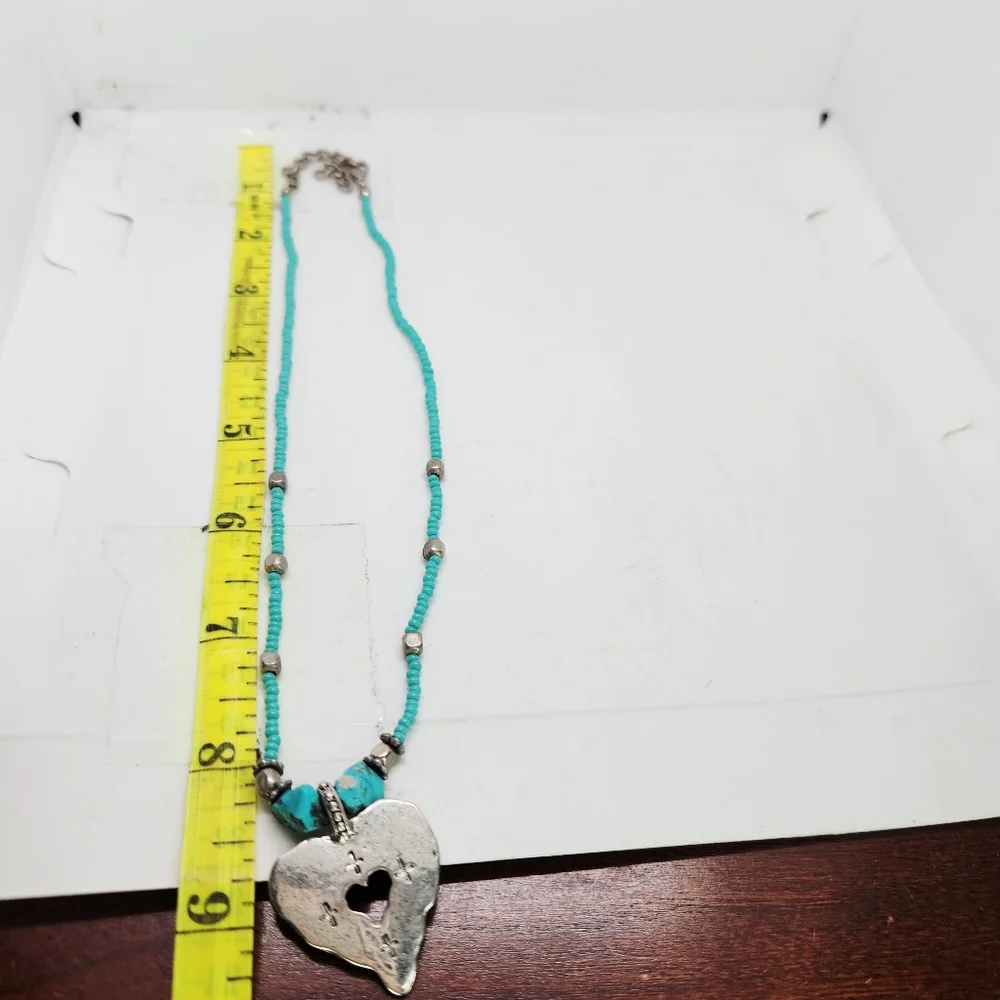 Vintage C Stein Heart W Stamped Cross Pendant Turquoise Bead Necklace Southwest - Picture 4 of 6